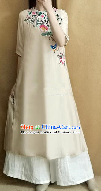 Traditional Chinese National Costume Tang Suit Embroidered Beige Cheongsam Qipao Dress for Women