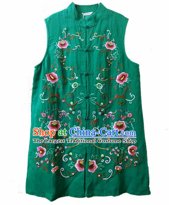 Traditional Chinese Embroidered Peony Green Long Vest Tang Suit Upper Outer Garment National Costume for Women