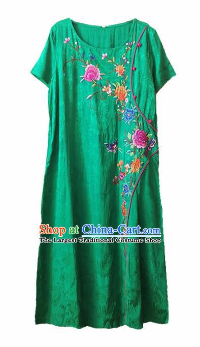 Traditional Chinese National Costume Tang Suit Embroidered Peony Green Qipao Dress for Women