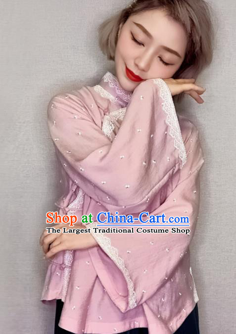 Traditional Chinese Tang Suit Light Pink Blouse Upper Outer Garment National Costume for Women