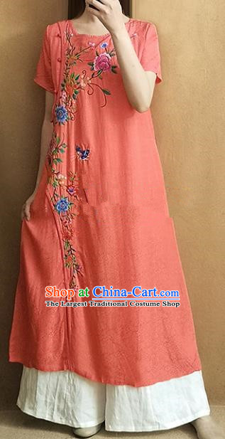 Traditional Chinese National Costume Tang Suit Embroidered Peony Orange Qipao Dress for Women