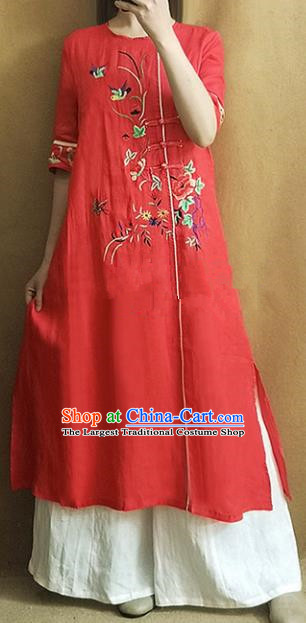 Traditional Chinese Embroidered Peony Red Cheongsam Qipao Dress Tang Suit National Costume for Women