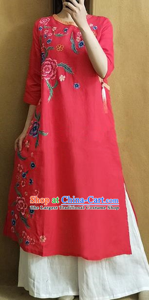 Traditional Chinese Embroidered Peony Red Dress Tang Suit Cheongsam National Costume for Women