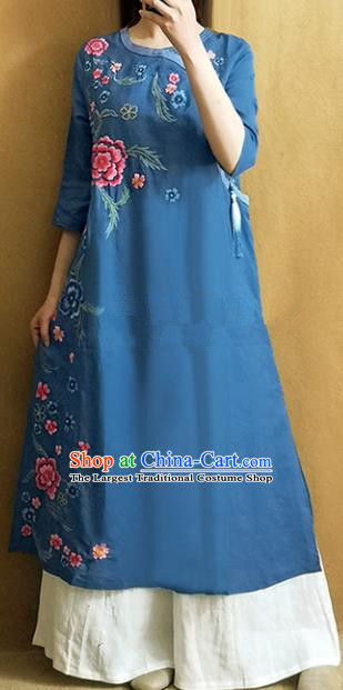 Traditional Chinese Embroidered Peony Navy Dress Tang Suit Cheongsam National Costume for Women