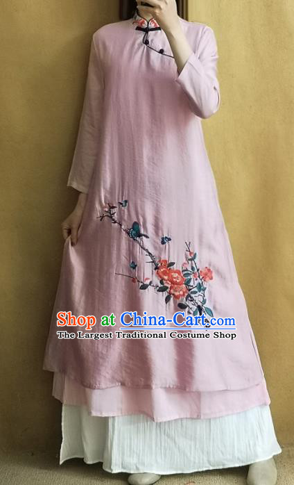 Traditional Chinese Embroidered Flowers Butterfly Pink Qipao Dress Tang Suit Cheongsam National Costume for Women