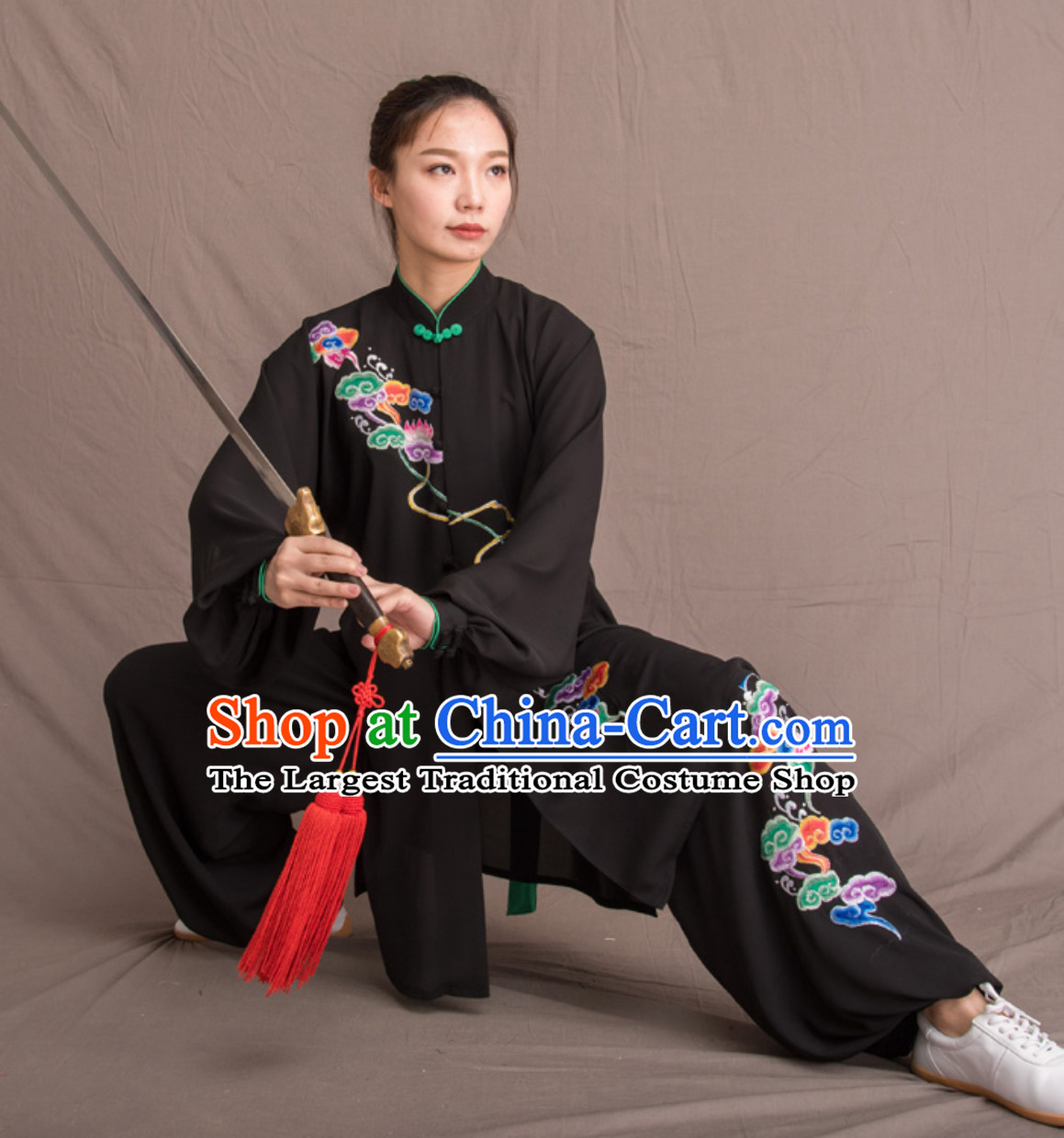 Black Top Chinese Classical Competition Championship Professional Tai Chi Uniforms Taiji Kung Fu Wing Chun Kungfu Tai Ji Sword Master Dress Clothing Suits Clothing Complete Set