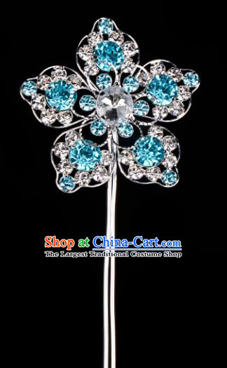 Chinese Handmade Beijing Opera Hair Accessories Traditional Ancient Princess Blue Crystal Flower Hairpins for Women