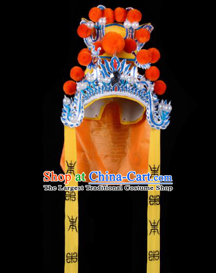 Chinese Handmade Beijing Opera Takefu Hat Traditional Ancient General Orange Helmet for Men