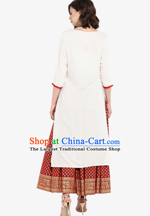 Asian India Traditional Informal Costumes South Asia Indian National White Blouse and Dress for Women