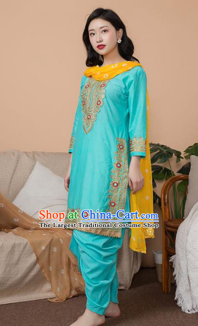 Asian India Traditional Informal Punjabi Costumes South Asia Indian National Blue Blouse and Pants for Women