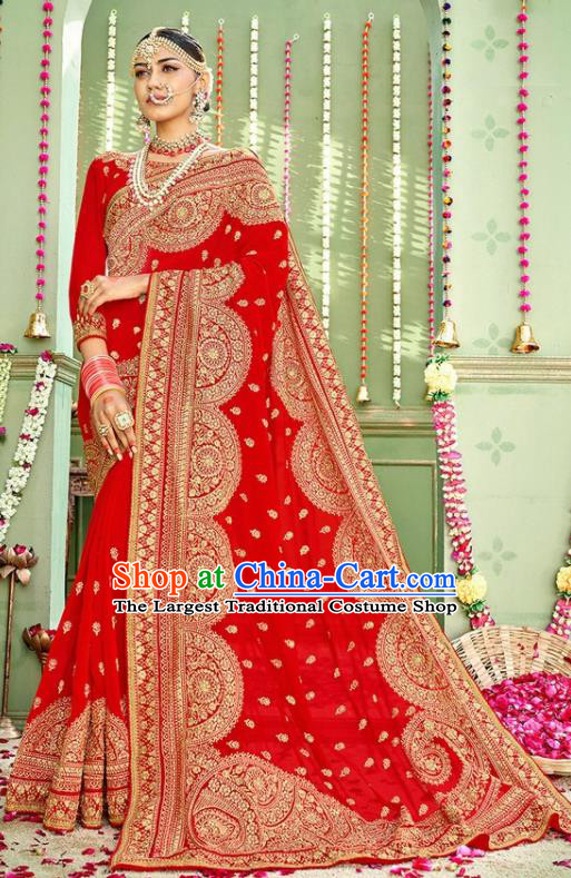Indian Traditional Court Wedding Costume Asian India Red Sari Dress Bollywood Queen Clothing for Women