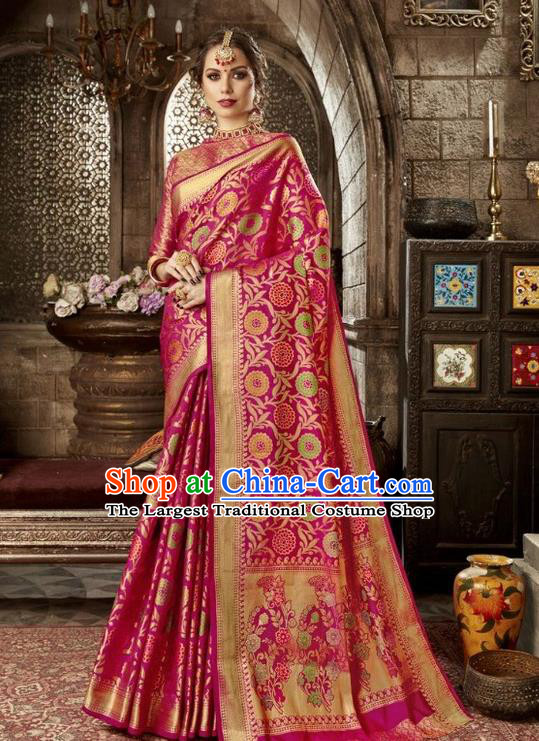 Asian India Traditional Rosy Sari Dress Indian Court Costume Bollywood Queen Clothing for Women
