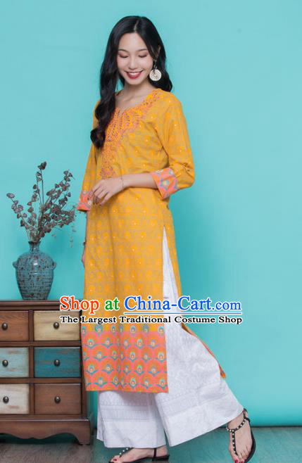 Asian India Traditional Costumes South Asia Indian National Yellow Blouse and Pants for Women