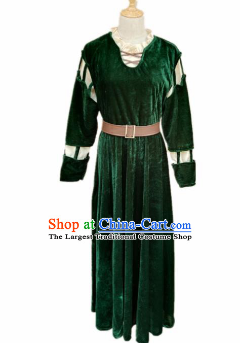 Europe Medieval Traditional Farmwife Costume European Maidservant Green Velvet Full Dress for Women