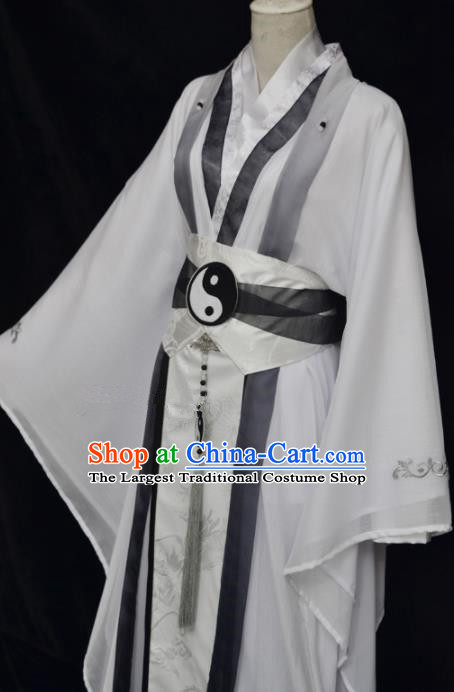 Traditional Chinese Tang Dynasty Swordsman White Clothing Ancient Taoist Priest Costume for Men