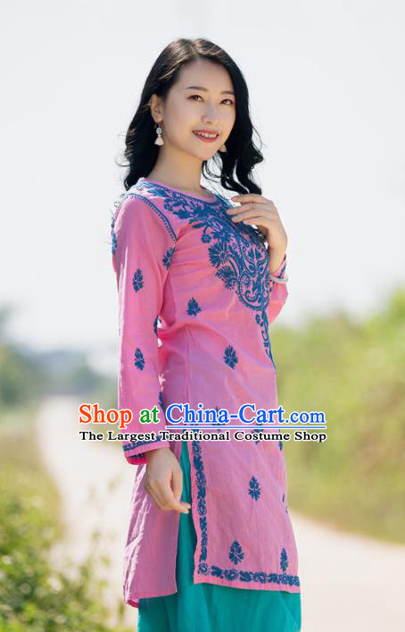 South Asian India Traditional Punjabi Costumes Asia Indian National Pink Blouse and Pants for Women
