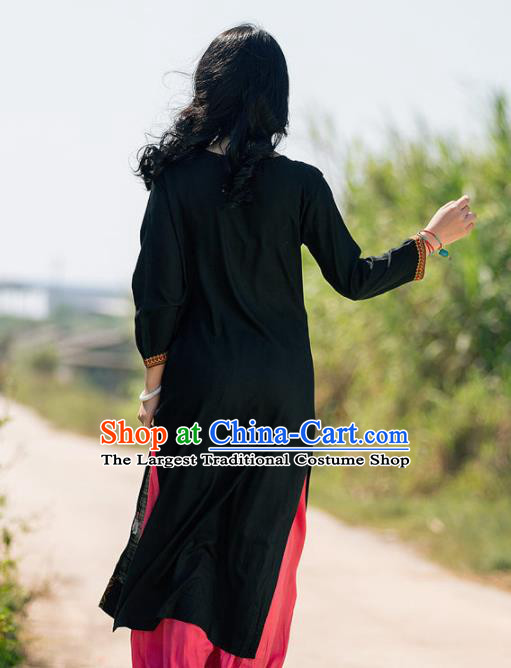 South Asian India Traditional Punjabi Costumes Asia Indian National Black Linen Blouse and Pants for Women