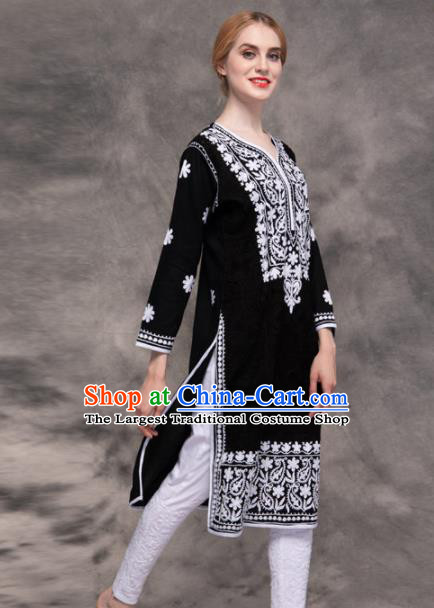 South Asian India Traditional Yoga Costumes Asia Indian National Punjabi Black Blouse and Pants for Women