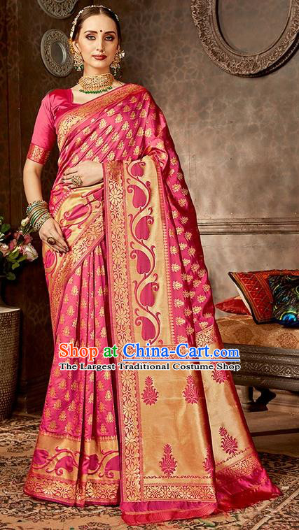 India Traditional Bollywood Pink Sari Dress Asian Indian Court Wedding Bride Costume for Women