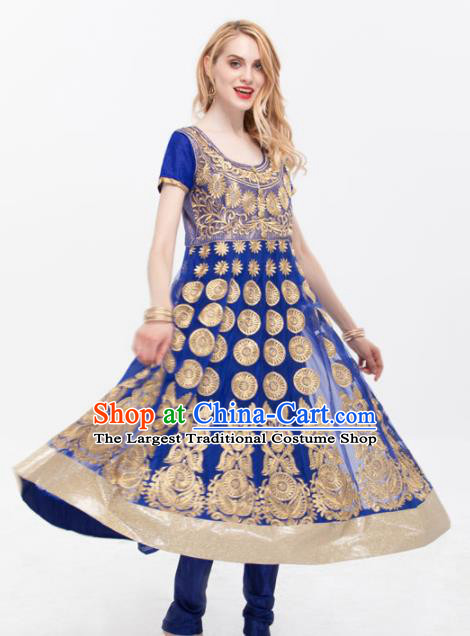 South Asian India Traditional Yoga Costumes Asia Indian National Punjabi Royalblue Dress and Pants for Women