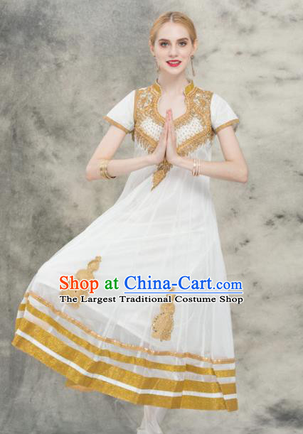 South Asian India Traditional Yoga Costumes Asia Indian National Punjabi White Veil Dress and Pants for Women