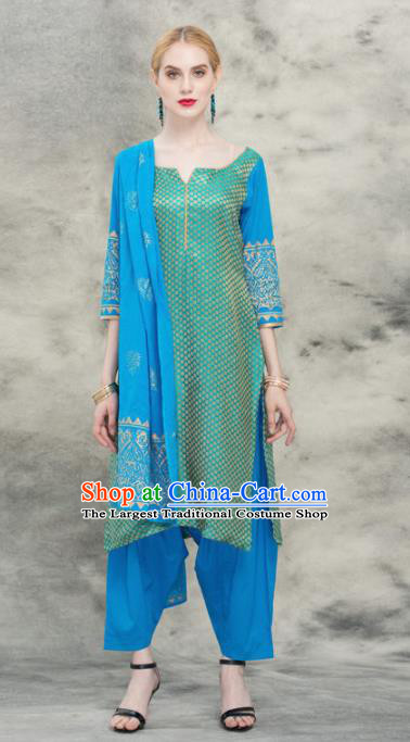 South Asian India Traditional Yoga Dress Asia Indian National Blue Punjabi Suit Costume for Women