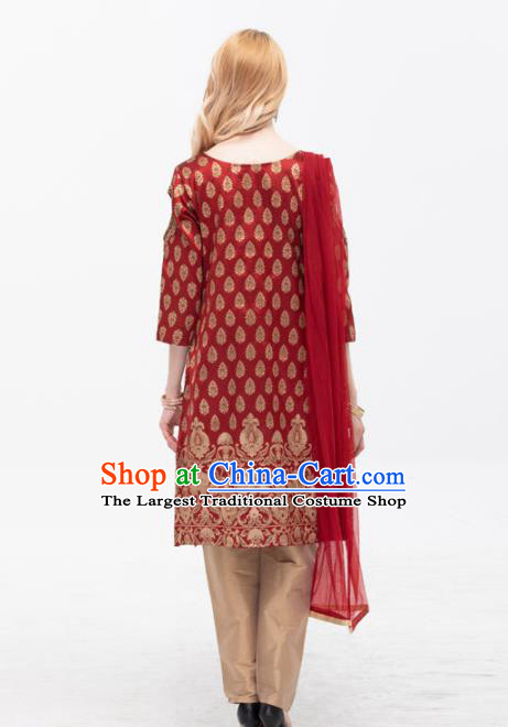 South Asian India Traditional Purplish Red Dress Asia Indian National Punjabi Suit Costume for Women