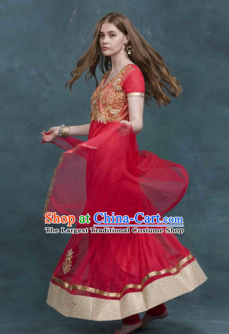 South Asian India Traditional Costume Red Dress Asia Indian National Punjabi Suit for Women