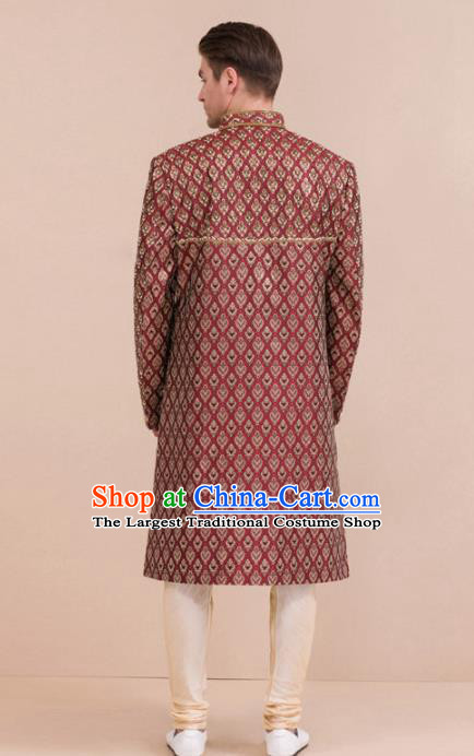 South Asian India Traditional Costume Wine Red Robe and Pants Asia Indian National Suit for Men