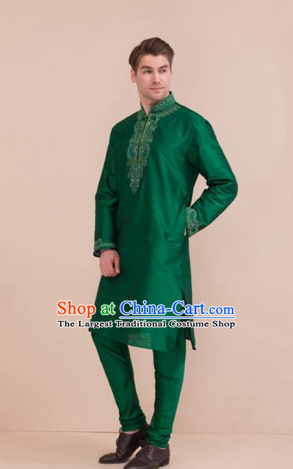 South Asian India Traditional Costume Green Coat and Pants Asia Indian National Suit for Men