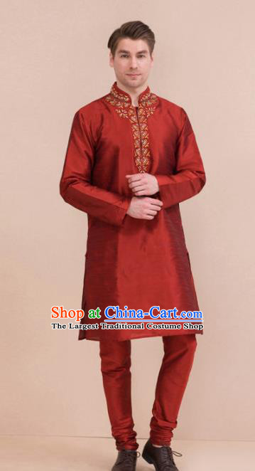 South Asian India Traditional Costume Red Coat and Pants Asia Indian National Suit for Men