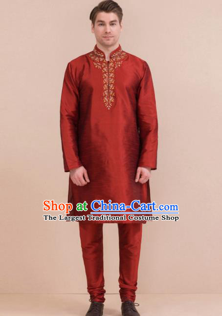 South Asian India Traditional Costume Red Coat and Pants Asia Indian National Suit for Men