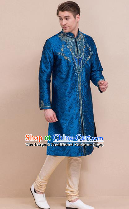 South Asian India Traditional Costume Deep Blue Coat and Pants Asia Indian National Suit for Men