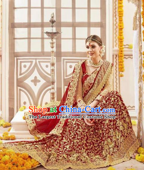 Asian India Traditional Wedding Bride Sari Dress Indian Bollywood Court Wine Red Costume for Women