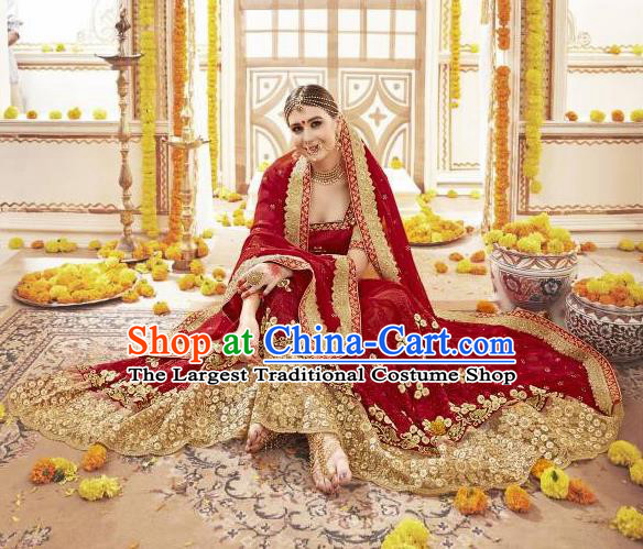 Asian India Traditional Wedding Sari Dress Indian Bollywood Court Bride Wine Red Costume for Women