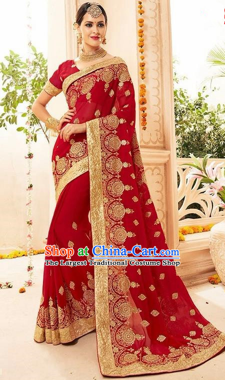 Asian India Traditional Wine Red Sari Dress Indian Bollywood Court Queen Nobility Bride Costume for Women