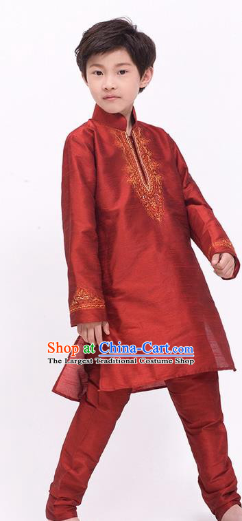 South Asian India Traditional Costume Purplish Red Shirt and Pants Asia Indian National Suit for Kids