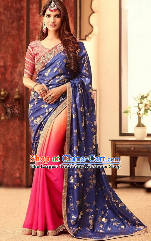 Indian Traditional Court Royalblue Sari Dress Asian India Princess Bollywood Embroidered Costume for Women