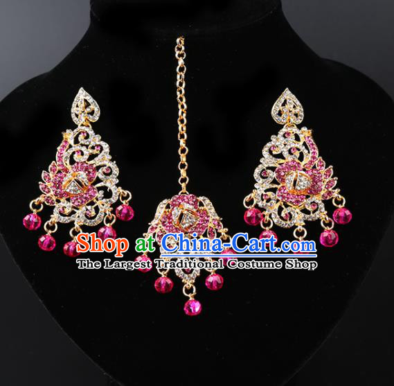 Asian India Traditional Wedding Jewelry Accessories Indian Bollywood Rosy Crystal Tassel Earrings and Eyebrows Pendant for Women