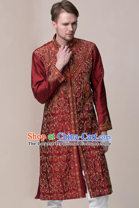 South Asian India Traditional Wedding Costume Asia Indian National Bridegroom Purplish Red Suits for Men