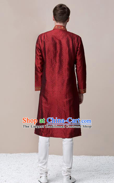 South Asian India Traditional Wedding Costume Asia Indian National Bridegroom Purplish Red Suits for Men