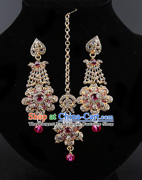 India Traditional Wedding Jewelry Accessories Indian Bollywood Rosy Crystal Tassel Earrings and Eyebrows Pendant for Women