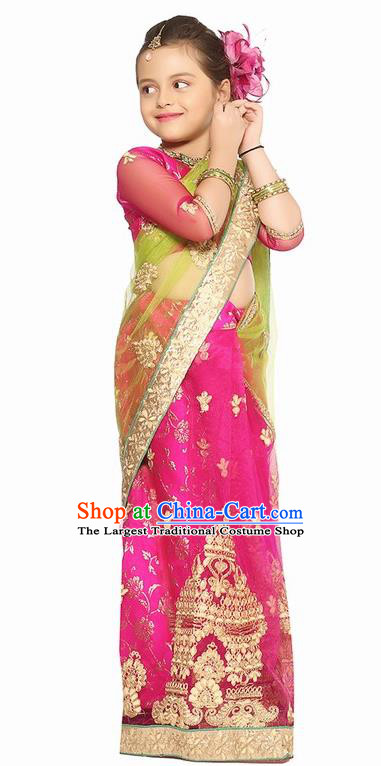South Asian India Traditional Costume Asia Indian National Rosy Sari Dress for Kids