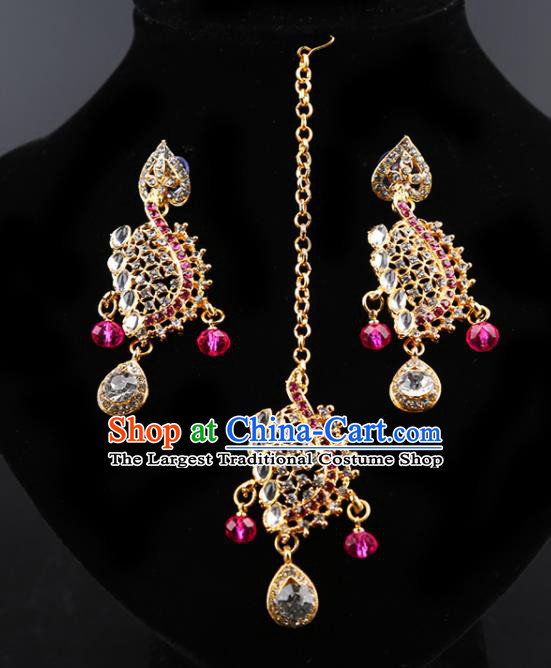 Indian Bollywood Wedding Rosy Crystal Earrings and Eyebrows Pendant India Traditional Court Princess Jewelry Accessories for Women
