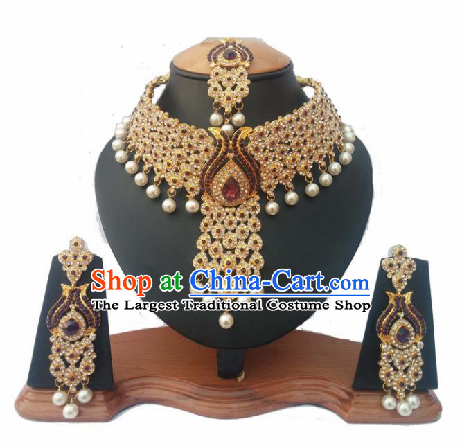 South Asian India Traditional Red Crystal Jewelry Accessories Indian Bollywood Necklace Earrings and Headwear for Women