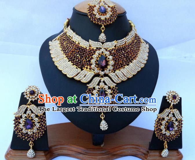 Asian India Traditional Purple Crystal Jewelry Accessories Indian Bollywood Necklace Earrings and Headwear for Women