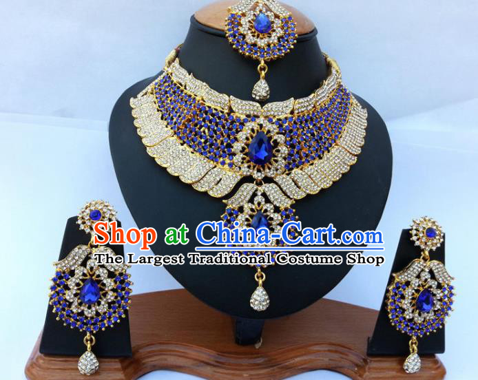 Asian India Traditional Royalblue Crystal Jewelry Accessories Indian Bollywood Necklace Earrings and Headwear for Women