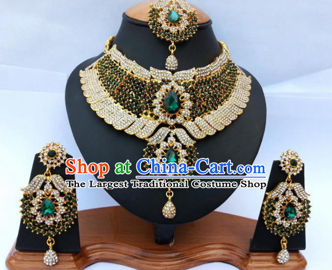 Asian India Traditional Green Crystal Jewelry Accessories Indian Bollywood Necklace Earrings and Headwear for Women
