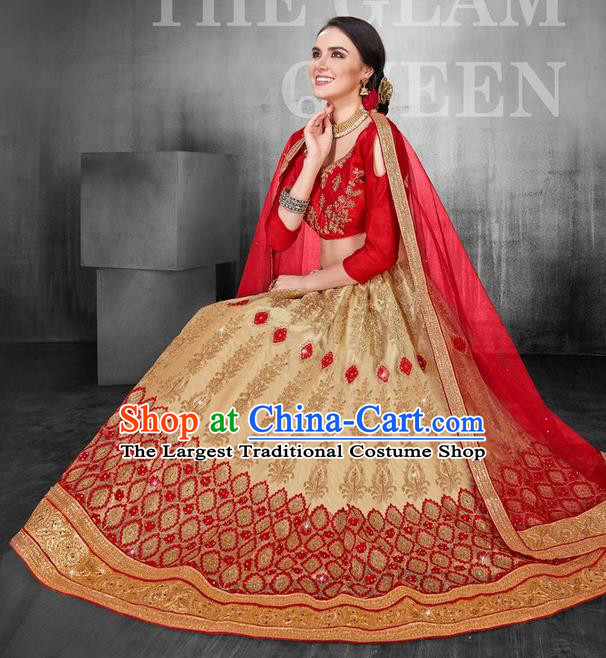 Asian India Traditional Wedding Embroidered Golden Sari Dress Indian Bollywood Court Bride Costume Complete Set for Women