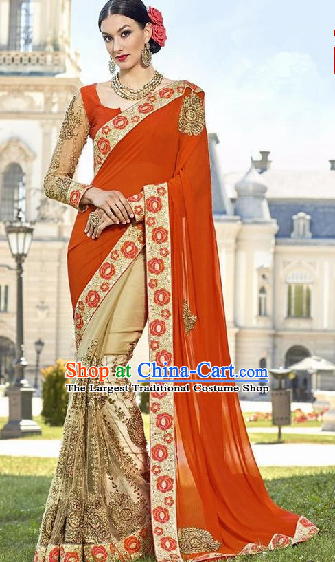 Asian India Traditional Orange Sari Dress Indian Bollywood Court Bride Costume Complete Set for Women